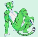  2017 absurd_res anus countershading erection felid fur green_fur hi_res male mammal pantherine penis pose simple_background snofu solo stripes tiger white_countershading yellow_eyes 