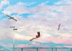  1girl animal animal_on_shoulder barefoot bird black_cat black_dress black_hair blue_sky bow broom broom_riding cat cloud cloudy_sky day dress facing_away flying hair_bow jiji_(majo_no_takkyuubin) kiki majo_no_takkyuubin outdoors red_bow say_hana short_hair short_sleeves sitting sky wide_shot 