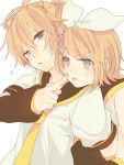  &gt;:t 1boy 1girl annoyed arm_grab bangs bare_shoulders blue_eyes cheek_poking clenched_teeth expressionless eyebrows_visible_through_hair hair_ribbon kagamine_len kagamine_rin kuronyanko light_blush neck_ribbon poking possessive ribbon siblings sideways_glance sweatdrop teeth twins vocaloid 