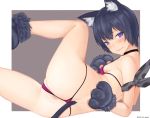  1girl animal_ear_fluff animal_ears animare bangs bikini black_hair blush brown_background cameltoe cat_ears cat_paws covered_nipples gloves hair_between_eyes kuroneko_nanashi looking_at_viewer micro_bikini open_mouth paw_gloves paws pink_bikini purple_eyes short_hair simple_background skindentation solo sweatdrop swimsuit virtual_youtuber wantsupanchi!! wavy_mouth 