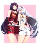  2girls ayanami_rei ayanami_rei_(cosplay) blush breasts cosplay cowboy_shot female_admiral_(kantai_collection) gloves hiememiko highres holding_hands interlocked_fingers kantai_collection large_breasts latex long_hair looking_at_viewer multicolored multicolored_clothes multiple_girls murakumo_(kantai_collection) neon_genesis_evangelion pantyhose purple_hair race_queen shikinami_asuka_langley shikinami_asuka_langley_(cosplay) shiny shiny_clothes smile souryuu_asuka_langley thighhighs thighs yuri 