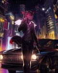  2019 5_fingers anthro canid canine car city clothed clothing digital_media_(artwork) fruitbloodmilkshake gun hair hi_res holding_object holding_weapon mammal night outside purple_hair raining ranged_weapon red_eyes red_hair standing vehicle weapon 