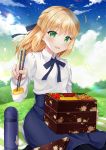  1girl :d ahoge artoria_pendragon_(all) blonde_hair blue_neckwear blue_skirt blue_sky bottle chopsticks cloud cloudy_sky collared_shirt commentary_request day fate/grand_order fate_(series) floral_print food grass green_eyes hair_ribbon half_updo high-waist_skirt holding long_hair long_sleeves looking_at_viewer naomi_(fantasia) neck_ribbon obentou open_mouth outdoors ribbon saber shirt sitting skirt sky smile solo star_(sky) starry_sky white_shirt 