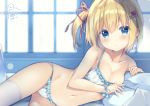  1girl :o bare_shoulders bed_sheet blonde_hair blue_eyes blush bra breasts cleavage collarbone commentary_request frilled_bra frilled_panties frills groin hair_ornament hair_ribbon hairclip heart heart_hair_ornament lying medium_breasts navel on_side one_side_up original panties parted_lips pillow red_ribbon ribbon saeki_sora signature solo striped thighhighs underwear vertical-striped_bra vertical-striped_panties vertical_stripes white_bra white_legwear white_panties window 