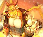  2019 abs anthro clothed clothing dragon egg hi_res male membrane_(anatomy) membranous_wings muscular muscular_male open_shirt ophion pecs scales shinonome_1r suspenders tokyo_afterschool_summoners tusks video_games wings yellow_scales 
