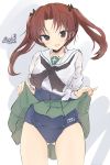  1girl ass_visible_through_thighs bangs black_bow black_neckwear blouse blue_swimsuit bow brown_eyes brown_hair character_name commentary covered_navel cowboy_shot crotch_seam eyebrows_visible_through_hair fang getsumen_suibaku_ver._a(c) girls_und_panzer green_skirt hair_bow highres kadotani_anzu light_blush long_hair long_sleeves looking_at_viewer miniskirt name_tag neckerchief old_school_swimsuit ooarai_school_uniform open_mouth parted_bangs pleated_skirt school_swimsuit school_uniform serafuku shirt skin_fang skirt skirt_lift smile solo standing swimsuit swimsuit_under_clothes thighs tied_shirt twintails twitter_username white_blouse 