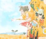  1boy 3girls :d ^_^ animal_ears black_hair blonde_hair blue_sky closed_eyes commentary creator_connection crossover day extra_ears hat hat_feather highres japari_bus kaban_(kemono_friends) kemono_friends kemurikusa looking_away multiple_girls open_mouth outdoors outstretched_arm pointing red_hair rin_(kemurikusa) savannah serval_(kemono_friends) serval_ears short_hair sky smile traditional_media wakaba_(kemurikusa) yuki_yukki12 