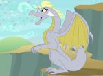  2019 alternate_species badumsquish blonde_hair bubble derpy_hooves_(mlp) dragon dragonification equid equine fangs female friendship_is_magic hair hi_res horn mammal my_little_pony pterippus scalie sharp_teeth sitting solo square_crossover teeth western_dragon wings 