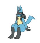  2019 ambiguous_gender anthro black_fur blue_fur canid canine digitalpelican fur lucario mammal nintendo nude pok&eacute;mon pok&eacute;mon_(species) red_eyes simple_background sitting solo spikes video_games white_background yellow_fur 