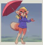  2019 anklet anthro barefoot blonde_hair bottomless clothed clothing digital_media_(artwork) ear_piercing eyewear female fur glasses green_eyes hair hi_res jewelry looking_up mammal open_mouth orange_fur outside paws piercing reign-2004 simple_background solo standing sweater topwear umbrella 