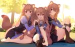  animal_ears barefoot beek blush boots brown_hair collar dress grass long_hair raphtalia red_eyes tail tate_no_yuusha_no_nariagari tree wristwear 