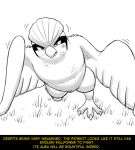  ambiguous_gender avian black_and_white english_text feathered_wings feathers fidchellvore monochrome nintendo pidgeot pok&eacute;mon pok&eacute;mon_(species) solo text video_games wings 