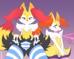  2018 5_fingers absurd_res ambiguous_gender anthro biped blush braixen bulge clothed clothing dipstick_tail duo fangs freckles front_view fur girly green_eyes hi_res inner_ear_fluff legwear looking_at_viewer looking_down low-angle_view male male/ambiguous multicolored_tail nikkibunn nintendo orange_fur panties partially_clothed pok&eacute;mon pok&eacute;mon_(species) presenting red_fur ribbons shy signature simple_background solo_focus standing suggestive text thigh_highs topless underwear video_games white_fur yellow_fur 