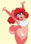  2019 :d anthro bangs biped blue_eyes chipmunk clothed clothing eyewear fangs female front_view fur glasses ground_squirrel hair happy hi_res jam_(miu) looking_at_viewer mammal midriff miu multicolored_fur navel open_mouth open_smile panties pigtails pink_fur pink_nose red_hair rodent sciurid short_tail simple_background smile solo standing two_tone_fur underwear white_clothing yellow_background 