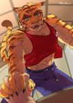  abs anthro belt biceps bottomwear clothed clothing duo felid fur green_eyes hand_holding male mammal morenatsu multicolored_fur muscular muscular_male pantherine pecs solo_focus striped_fur stripes tiger topwear torahiko_(morenatsu) two_tone_fur yu_chi_i 