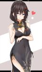  1girl absurdres ahoge alternate_costume bare_shoulders black_dress black_hair blue_eyes blush braid breasts china_dress chinese_clothes cleavage_cutout cowboy_shot dress hair_flaps hair_ornament hair_over_shoulder heart highres kantai_collection large_breasts looking_at_viewer remodel_(kantai_collection) saku_(kudrove) shigure_(kantai_collection) single_braid solo 