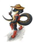  absurd_res anthro belt blue_eyes boots breasts clothed clothing cowboy_boots cowboy_hat ewgengster_(artist) female footwear gun hat headgear headwear hi_res holster long_tail looking_back mostly_nude non-mammal_breasts ranged_weapon reptile scalie skimpy snake solo weapon 