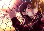  2girls absurdres against_wall ahoge bangs blush bow braid chain-link_fence chin_grab closed_eyes commentary_request fence french_kiss hair_bow hair_ornament hairclip half_updo hand_on_another&#039;s_chin highres jacket kiss kougi_hiroshi long_hair long_sleeves love_live! love_live!_sunshine!! multiple_girls ocean orange_eyes orange_hair outdoors red_hair red_jacket sakurauchi_riko short_hair side_braid sunset takami_chika tearing_up track_jacket wall_slam yellow_bow yuri 