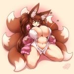 1girl animal_ear_fluff animal_ears blush borrowed_character breasts brown_hair bursting_breasts buttons cardigan dress_shirt fox_ears fox_girl fox_tail green_eyes highres huge_breasts long_hair midriff multiple_tails navel open_cardigan open_clothes open_mouth open_shirt original pink_cardigan plushmallow secretly_saucy seiza shirt simple_background sitting sleeves_past_wrists solo tail thick_thighs thighhighs thighs twintails white_shirt 