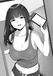 1girl arm_up armpits bangs blush breasts cleavage collarbone denim denim_shorts doorway eyebrows_visible_through_hair greyscale heavy_breathing highres indoors large_breasts long_hair looking_at_viewer midriff monochrome navel nintendo_switch no_bra open_clothes open_fly open_mouth open_shorts original panties pov_doorway round_teeth short_shorts shorts smile solo sweat takocha tank_top teeth unbuttoned unbuttoned_shorts underwear unzipped upper_body zipper 