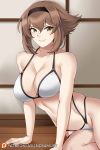  1girl arm_support aslindsamure bangs bare_shoulders bikini blush breasts brown_hair cleavage collarbone green_eyes groin hair_between_eyes hairband highres indoors kantai_collection large_breasts looking_at_viewer multi-strapped_bikini mutsu_(kantai_collection) on_floor parted_lips patreon_username short_hair sidelocks sitting skindentation smile solo stomach swimsuit thighs toned white_bikini 