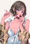  1girl breasts brown_hair cleavage earrings food fruit hand_up highres jewelry nail_polish najuco_(naju0517) short_hair solo strawberry 