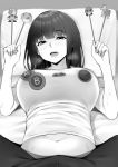  1boy 1girl bangs blush breasts eyebrows_visible_through_hair fingernails greyscale highres large_breasts long_hair looking_at_viewer lying mario_(series) monochrome navel on_back open_mouth original pants pillow pov shirt sitting sitting_on_person sweat t-shirt takocha teeth 