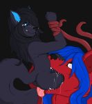  anthro black_fur black_nose blue_eyes blue_hair canid canine canis collar domestic_dog fur hair invalid_tag male male_pred male_prey mammal neck_bulge nezerith_(artist) nezerith_(character) nude open_mouth oral_vore red_fur size_difference swallowing tentacles vore 