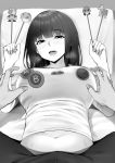  1boy 1girl bangs blush breasts eyebrows_visible_through_hair fingernails greyscale highres large_breasts long_hair looking_at_viewer lying mario_(series) monochrome navel on_back open_mouth original pants pillow pov shirt sitting sitting_on_person sweat t-shirt takocha teeth 