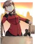  1girl artist_name bangs black_ribbon black_skirt braid brown_eyes brown_hair chin_rest elbow_rest epaulettes eyebrows_visible_through_hair girls_und_panzer ground_vehicle hair_over_shoulder hair_ribbon head_tilt jacket long_hair long_sleeves matilda_(tank) military military_uniform military_vehicle motor_vehicle orange_sky outdoors pleated_skirt red_jacket ribbon rukuriri signature single_braid skirt sky smile solo st._gloriana&#039;s_military_uniform sunset tank tank_cupola tsukasa-emon twitter_username uniform 