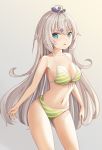  1girl ahoge blue_eyes blurry breasts cleavage collarbone commentary_request grey_background grey_hair hair_ornament hairclip hat highres kent_(warship_girls_r) large_breasts long_hair looking_at_viewer navel open_mouth simple_background string_bikini swimsuit warship_girls_r 
