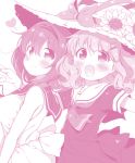  2girls :d blush bow breasts closed_mouth dress eyebrows_visible_through_hair fang flower furutani_himawari hair_ornament hairband hairclip hat hat_bow hat_flower hat_ornament hat_ribbon heart large_breasts looking_at_viewer monochrome multiple_girls oomuro_sakurako open_mouth pink_theme ribbon sailor_collar shared_hat short_hair short_sleeves smile sun_hat sunflower takahero yuru_yuri 