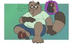  2019 4_toes absurd absurd_res andythetanuki anthro belly big_belly brown_fur canid canine clothed clothing dialogue digital_media_(artwork) duo english_text fur hi_res macro male male/male mammal micro open_mouth overweight overweight_male paws raccoon_dog simple_background size_difference tanuki text toes ursid 