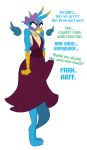 angry anthro anthrofied avian blue_eyes blush clenched_teeth clothed clothing crossdressing dialogue dress english_text erection friendship_is_magic gallus_(mlp) gryphon hi_res jrvanesbroek male my_little_pony pose solo standing teeth text wings 