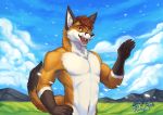  2019 anthro biceps byowt canid canine clothed clothing digital_media_(artwork) fox fur hair hi_res male mammal outside simple_background 