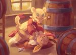  2019 alcohol ambiguous/ambiguous ambiguous_gender ambiguous_penetration barrel beverage brown_fur cup digital_media_(artwork) digital_painting_(artwork) eevee eyes_closed feral fleurdeiris fur inside lying mienfoo missionary_position nintendo on_back penetration pok&eacute;mon pok&eacute;mon_(species) red_eyes sex video_games warm_colors 