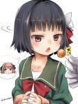  1girl akino_shuu black_hair black_ribbon bow brown_hair candy chestnut_mouth comma food food_in_mouth gloves green_jacket green_sailor_collar hachijou_(kantai_collection) hair_bow hair_ribbon holding holding_food holding_lollipop ishigaki_(kantai_collection) jacket kantai_collection lollipop long_sleeves looking_away looking_to_the_side mouth_hold open_mouth out_of_frame red_bow red_eyes ribbon sailor_collar short_hair simple_background solo_focus spoken_character steepled_fingers twitter_username upper_body white_background white_bow white_gloves 