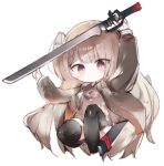 1girl arm_up bangs black_legwear braid brown_dress brown_hair brown_jacket chibi closed_mouth commentary_request dress eyebrows_visible_through_hair full_body hand_up holding holding_sword holding_weapon jacket knee_up kotatu_(akaki01aoki00) long_hair long_sleeves no_shoes one_side_up open_clothes open_jacket original red_eyes sheath simple_background smile solo sword thighhighs unsheathed very_long_hair weapon white_background 