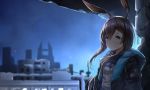  1girl amiya_(arknights) animal_ears arknights bangs black_jacket blue_eyes blue_skirt blurry blurry_background blush brown_hair building bunny_ears chahei commentary_request depth_of_field eyebrows_visible_through_hair hair_between_eyes jacket long_hair looking_at_viewer night night_sky open_clothes open_jacket outdoors parted_lips shirt sidelocks skirt sky solo star_(sky) starry_sky upper_body white_shirt 