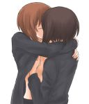  2girls brown_hair closed_eyes dress_shirt girls_und_panzer hand_on_another&#039;s_chest hug incest kiss multiple_girls mutsu_(layergreen) nishizumi_maho nishizumi_miho open_clothes open_shirt shirt short_hair siblings upper_body white_background yuri 