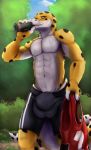  anthro athletic ball_growth big_bulge bulge clothed clothing drinking gecko growth hi_res lizard looking_at_viewer male penis penis_growth reptile scalie sequence solo sweat vodcat 