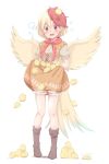  1girl bird bird_tail bird_wings blonde_hair bloomers blush boots brown_footwear capelet chick dress eyebrows_visible_through_hair flying_sweatdrops full_body head_tilt highres kototoki_(user_ysym5287) layered_dress looking_at_viewer multicolored_hair niwatari_kutaka open_mouth puffy_short_sleeves puffy_sleeves red_eyes red_hair red_neckwear scarf short_hair short_sleeves skirt skirt_basket skirt_lift solo standing touhou two-tone_hair underwear wings 