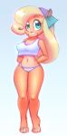  2015 anthro bandicoot bare_legs bare_shoulders barefoot black_nose blonde_hair bottomwear breasts cleavage clothed clothing coco_bandicoot crash_bandicoot_(series) crop_top digital_drawing_(artwork) digital_media_(artwork) female full-length_portrait fur green_eyes hair hands_behind_back headscarf hi_res long_hair looking_up mammal marsupial midriff multicolored_fur naughty_dog navel nitro portrait shirt simple_background smile solo sony_corporation sony_interactive_entertainment standing swimwear tan_fur topwear two_tone_fur underwear video_games wavy_hair white_bottomwear white_clothing white_shirt white_swimwear white_topwear 