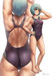  1girl aqua_eyes ass barefoot black_swimsuit blue_hair breasts collarbone commentary_request competition_swimsuit covered_navel cowboy_shot finalcake from_behind full_body hand_on_hip lips multiple_views one-piece_swimsuit parted_lips sei_asagiri short_hair small_breasts standing swimsuit va-11_hall-a white_background zoom_layer 