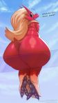 avian beak bird blaziken blue_eyes butt feathers glistening hair hi_res looking_at_viewer low-angle_view mammal multicolored_feathers nintendo paws pok&eacute;mon pok&eacute;mon_(species) red_feathers squish talons text thousandfoldfeathers video_games wide_hips worm&#039;s-eye_view 
