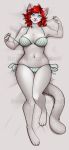  anthro bra breasts clothed clothing felid feline female looking_at_viewer lying mammal on_back robyn_paperdoll smile solo underwear watermark wide_hips 