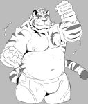  2019 anthro belly bottomwear clothing felid hombretigre huger_smot humanoid_hands male mammal navel overweight overweight_male pantherine shorts solo tiger tokyo_afterschool_summoners video_games 
