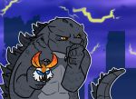  blue_eyes claws duo female godzilla godzilla_(series) guardian hand_on_chin holding_character humor looney_tunes male mandibles meme mothra mothra_(series) parody pensive protective size_difference solo_focus thinking toboob toho tribute warner_brothers yellow_eyes 