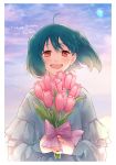  1girl absurdres ahoge alternate_costume birthday blush bouquet character_name chiyomaru_(yumichiyo0606) cloud cloudy_sky flower green_hair happy_birthday highres holding holding_flower looking_at_viewer macross macross_frontier open_mouth pink_flower ranka_lee red_eyes short_hair sky smile solo wind wind_lift 