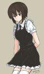  1girl arm_behind_back bangs black_dress black_neckwear brown_background brown_eyes brown_hair closed_mouth collared_shirt commentary cowboy_shot dated dress frilled_dress frills girls_und_panzer leaning_forward light_frown looking_at_viewer mutsu_(layergreen) necktie nishizumi_maho puffy_short_sleeves puffy_sleeves shirt short_hair short_sleeves simple_background solo standing thighhighs twitter_username white_legwear white_shirt wing_collar 
